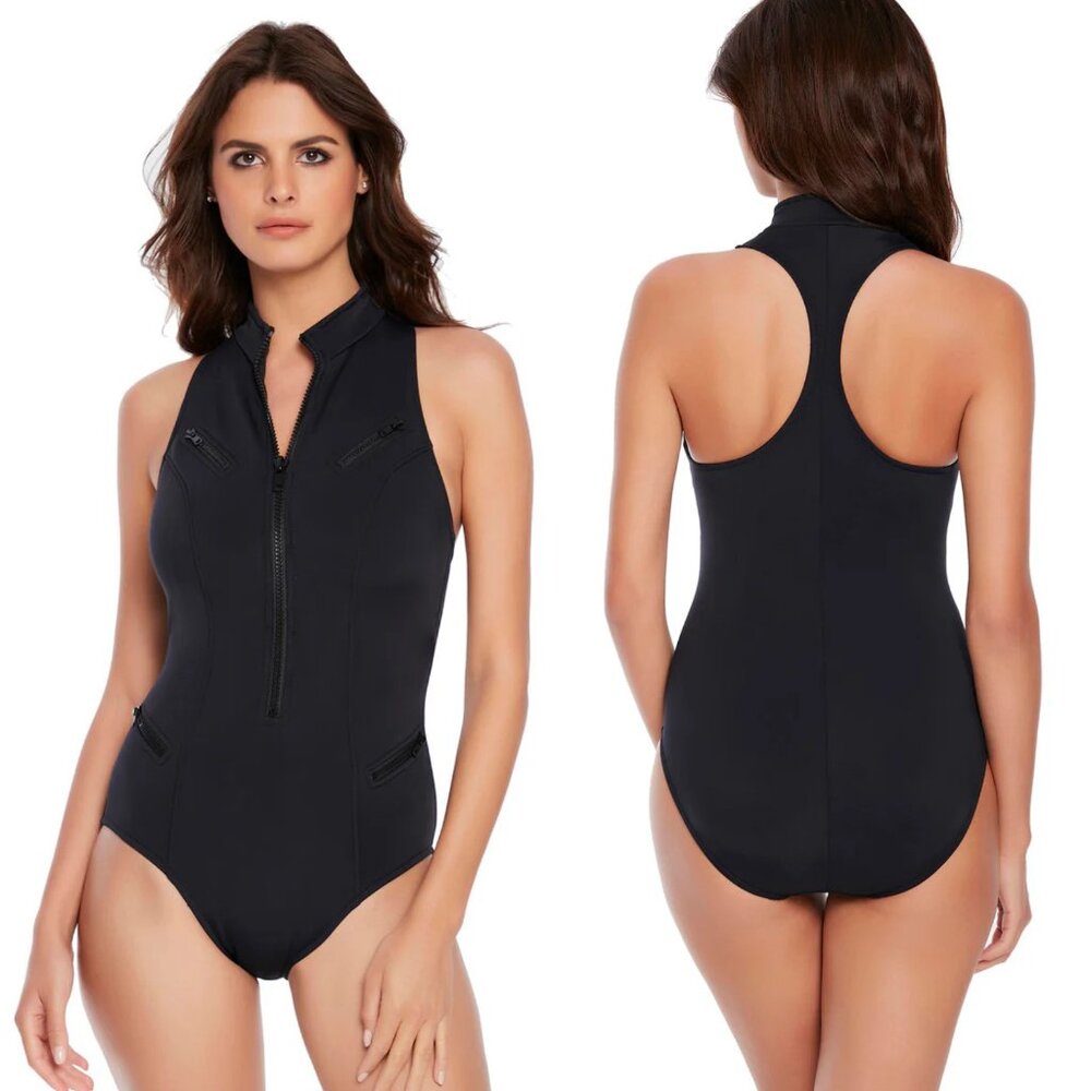 New! MagicSuit Black Deep Dive Zip Up Scuba Coco One Piece Swimsuit 35138